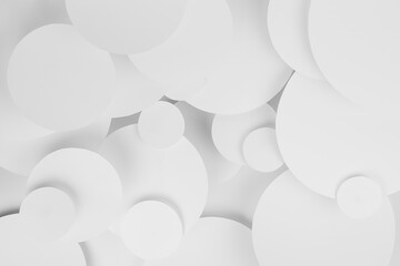 Poster - White abstract background of soar paper circles pattern of different size, perspective, top view, backdrop for advertising, design, card, poster, flyer, text in elegant soft light minimalistic style.