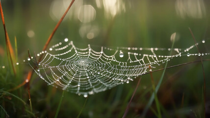 natural background with a necklace of water drops on a cobweb in the grass nature macro