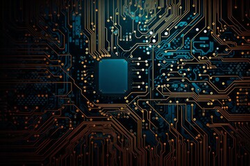 Poster - printed circuit board backdrop on blue background. generative ai