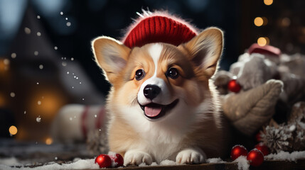 Cute corgi dog in a new year's red hat and snow, holiday card for the new year