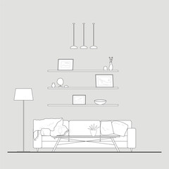 Wall Mural - Architectural Drawings, elevation vector interior, living room illustration, side view, sofa, rug, tv, Minimal style hand drawn. Sections, Elevations, Floor Plans.