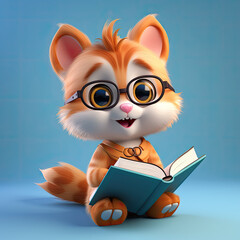  Kitten, 3D cartoon character, Pixar-style, holding a book, wearing glasses, friendly, solid background