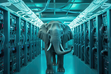 Poster - Elephant in the server room. Concept of the big data and digital fragility. Generated AI.