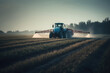 © ADDICTIVE STOCK - Generative AI image of heavy tractor spraying pesticides on agriculture field with green plantation rows under cloudless blue sky