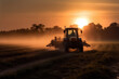 © ADDICTIVE STOCK - Generative AI image of silhouette of farmer on tractor fixed with harrow plowing agriculture field soil during dusk and orange sun setting down in sky