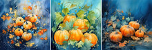 Set With Watercolor Composition Of Many Small Orange Pumpkins 