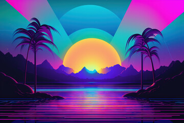 Canvas Print - Palm trees and rainbow 80s landscape in vaporwave style. Retrowave vacation background with tropical sunset and palms. Generated AI.