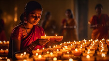 Happy Diwali. Indian Young Woman In Sari Holding Burning Candles Diwali. Traditional Festival Diwali, Night Of Lights In India. AI Generated