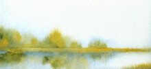 Watercolor Landscape. Trees By The Lake