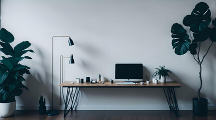 Wall Mural - Stylish scandinavian composition of living room with design armchair, black mock up poster frame, commode, wooden stool, book, decoration, Generative AI