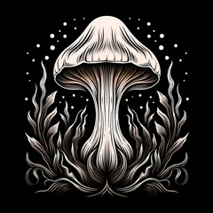 Shiitake Mushroom tattoo design dark art illustration isolated on black