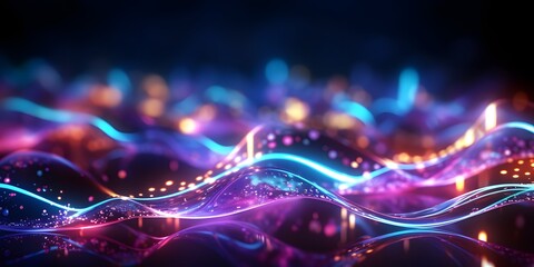 Wall Mural - abstract background with pink blue glowing neon lines and bokeh lights. data transfer concept. digit