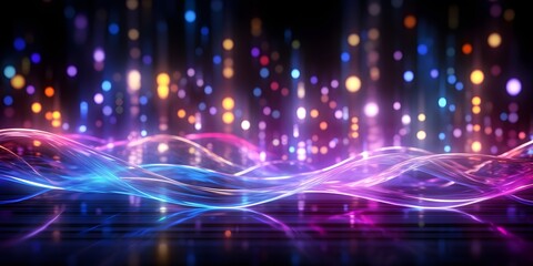 Wall Mural - abstract background with pink blue glowing neon lines and bokeh lights. data transfer concept. digit
