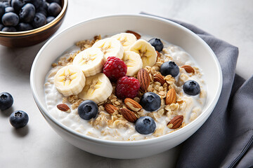 Oat porridge with banana, blueberry, walnut, chia seeds and almond milk for healthy breakfast or lunch. 