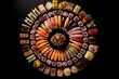 Wide variety of sushi arrange in a circle. Huge set of sushi on the black table. Assorted sushi  set. A variety of Japanese sushi with tuna, crab, salmon and rolls. Japanese food. Generative AI