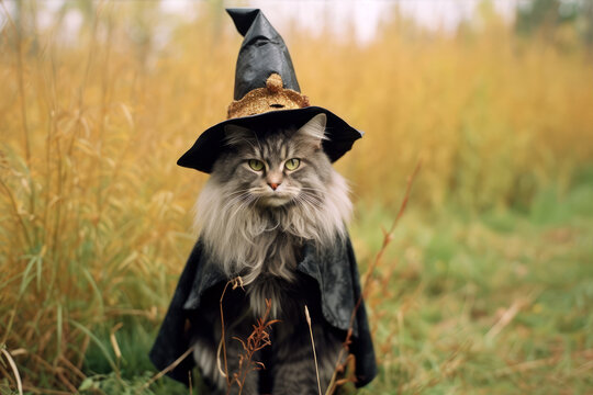 Wall Mural -  - Cat in halloween witch costume outdoor