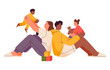 © Paper Trident - Family, parent and kids play together. Biracial mother, father spend time with children. Happy parenthood concept. Mom, dad and toddlers. Flat graphic vector illustration isolated on white background
