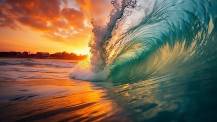 Colorful vibrant Sunset Sea water ocean wave in barrel shape for surfing 