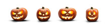 A Collection Of Lit Spooky Halloween Pumpkins, Jack O Lantern With Evil Face And Eyes Isolated Against A Transparent Background.