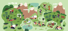 Tourists Travel. Camping, Hiking, Trekking, Backpacking Tourism Concept. Summer Trips, Expeditions, Adventures In Nature, Forest, Mountains. Backpacker, Hikers On Holiday. Flat Vector Illustration