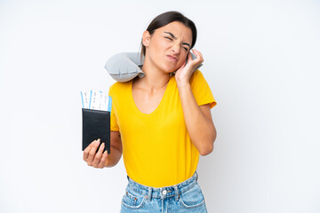 Poster - Woman with Inflatable Travel Pillow over isolated background frustrated and covering ears