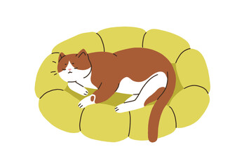 Poster - Cute cat sleeping in pet bed, cozy pillow. Adorable kitty asleep, lying on comfortable soft cushion, feline furniture. Sleepy relaxing pussycat. Flat vector illustration isolated on white background