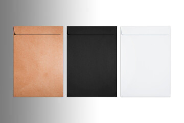 Wall Mural - Kraft brown, black and white A4 envelope mockup isolated on background. 3d rendering.