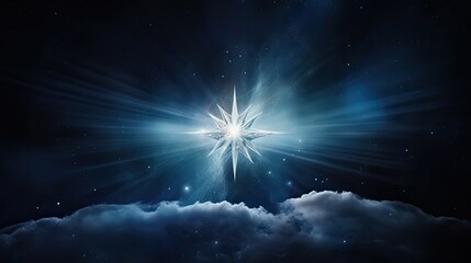 Wall Mural - bright star over bethlehem: christmas nativity scene with shining star in blue night sky: generative