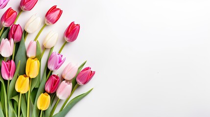  Colorful Spring Flower Bouquet Composition. Mothers and Women's Day Concept with Isolated Tulips on White Background. Top View, Flat Lay with Copy Space: Generative AI