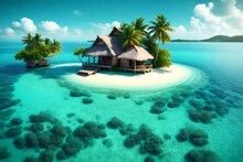 Tiny Tropical Island With Hut And Palms Surrounded Sea Blue Water