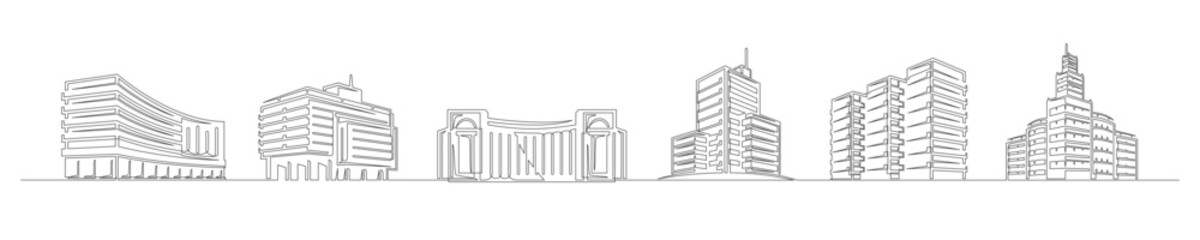 Set of continuous one line buildings. Vintage buildings isolated on a white background. Business concept. Vector illustration