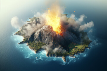 Canvas Print - the volcano in the center of the island seen from above rendering minimal background