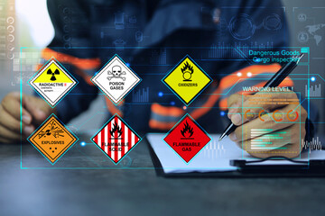 Wall Mural - security officers writing on clipboards and inspect the storage of dangerous goods in the warehouse 