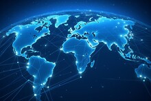 world map and globeal connection, Futuristic Digital Connections: Stylish CGI World Globe in Blue, Symbolizing Human Connectivity