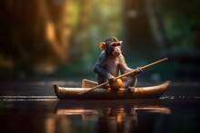 A Monkey Rowing A Canoe