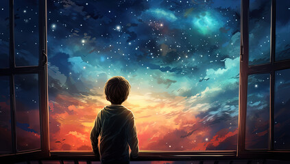 Wall Mural - a kid watching out at big window open to galaxy sky, midnight time, idea for imagination and dream concept, Generative Ai