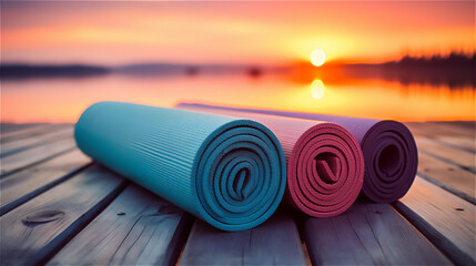 Yoga and Pilates Meditation with Yoga mats. Relaxation and Lifestyle.