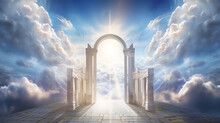 A Depiction Of The Pearly Gates Of Heaven Open With The Bright Side Of Heaven Contrasting With The Duller Foreground.ai Generative