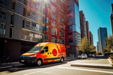 Fototapeta  - Vibrant Delivery Van Parked in Front of Modern Apartment Building. Generative AI.