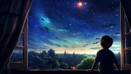 Wall Mural - a kid watching out at big window open to galaxy sky, midnight time, idea for imagination and dream concept, Generative Ai