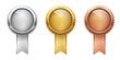 © backup16 - Gold, silver and bronze medals with ribbon set vector illustration. Realistic isolated trophy and medal collection with metal reward badges for winners, quality certificate and prize warranty