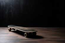 A Wooden Skateboard On A Studio Black Blank Background. Banner Template With Copy Space For Text. Generative AI Professional Photo Imitation.