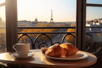 Wall Mural - Cup of coffee and croissant on a table of Parisian cafe or restaurant with view to the Eiffel tower in Paris, France