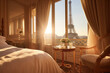Interior of beautiful bedroom of a hotel or apartment condominium with beautiful views of Paris cityscape