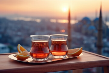 Wall Mural - Two Turkish glasses in form of a tulip filled with hot black tea with view to the roofs of Istanbul, Turkey