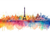 Fototapeta Londyn - Watercolor aquarelle with Parisian skyline and Eiffel tower, Paris, France