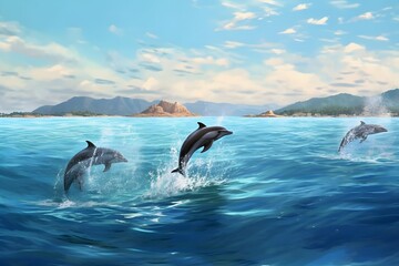 Wall Mural - dolphins jump to the surface of the water