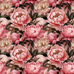 Wall Mural - Watercolor illustration: seamless colorful pattern of peony flowers with leaves. Generative ai. Vintage botanical pattern in oriental style.