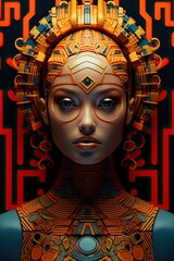 Wall Mural - A digital painting of a woman wearing a headdress. Generative AI. A tribal costume, outfit.
