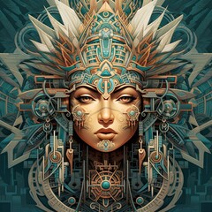 Wall Mural - A woman wearing a headdress with feathers on her head. Generative AI. A tribal costume, outfit.